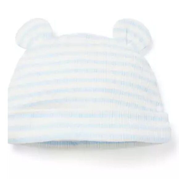 Janie and Jack 100047853 Blue & White Baby Ribbed Stripe Bear Ear Beanie 18-24 m - Picture 1 of 9